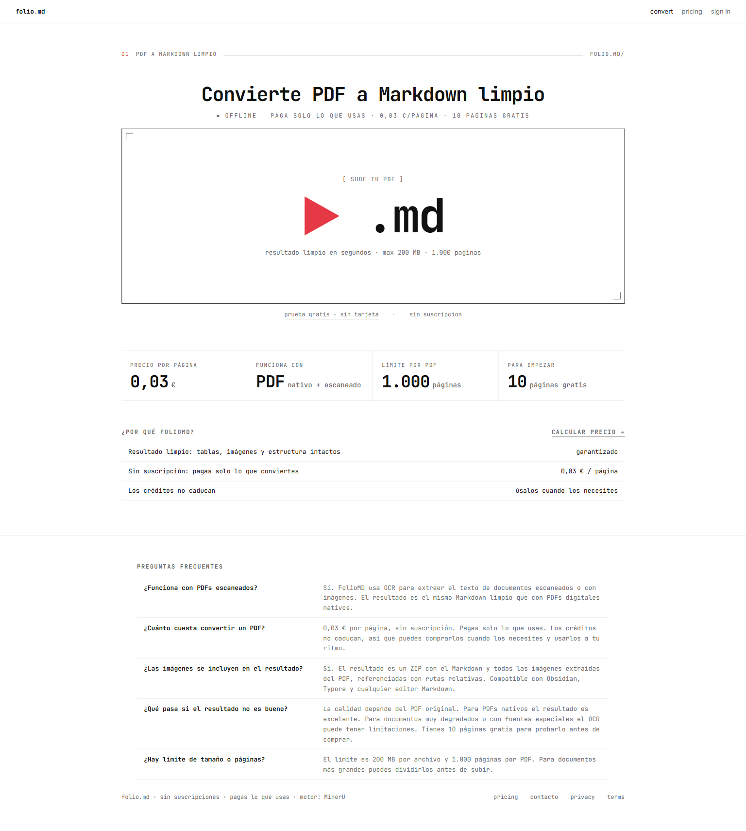 Interfaz de subida de PDF de FolioMD — arrastra y suelta para convertir a Markdown